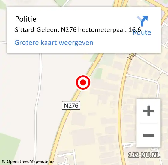 Locatie op kaart van de 112 melding: Politie Sittard-Geleen, N276 hectometerpaal: 16,6 op 22 oktober 2024 16:44