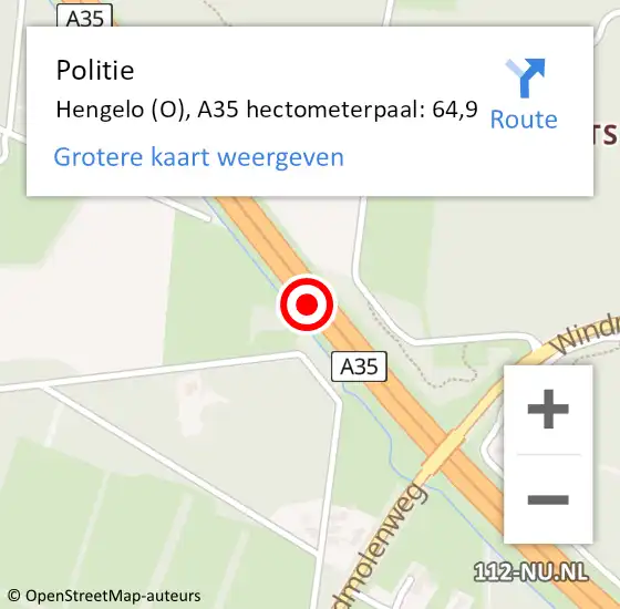 Locatie op kaart van de 112 melding: Politie Hengelo (O), A35 hectometerpaal: 64,9 op 22 oktober 2024 17:21