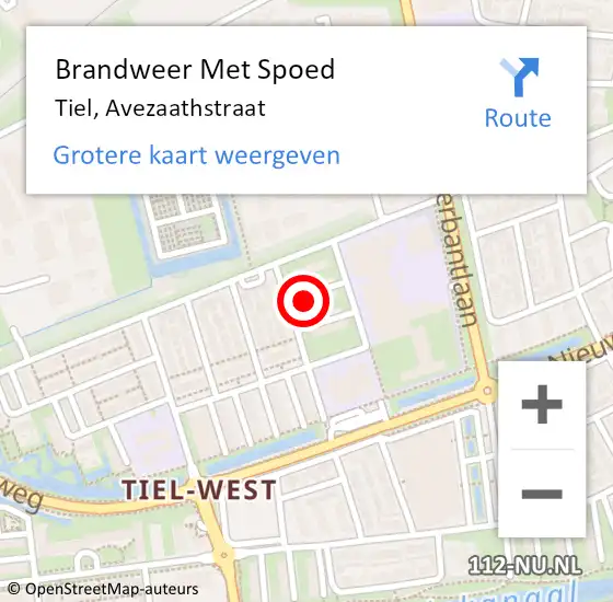 Locatie op kaart van de 112 melding: Brandweer Met Spoed Naar Tiel, Avezaathstraat op 22 oktober 2024 17:33