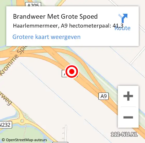 Locatie op kaart van de 112 melding: Brandweer Met Grote Spoed Naar Haarlemmermeer, A9 hectometerpaal: 41,3 op 22 oktober 2024 17:52