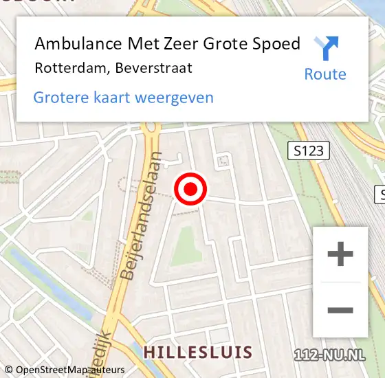 Locatie op kaart van de 112 melding: Ambulance Met Zeer Grote Spoed Naar Rotterdam, Beverstraat op 22 oktober 2024 19:15