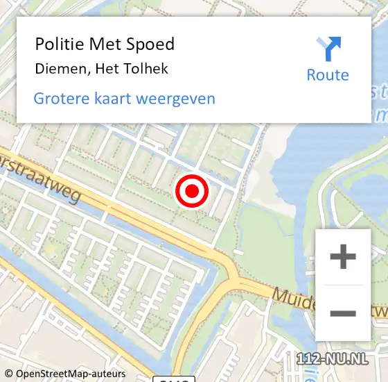 Locatie op kaart van de 112 melding: Politie Met Spoed Naar Diemen, Het Tolhek op 22 oktober 2024 19:35