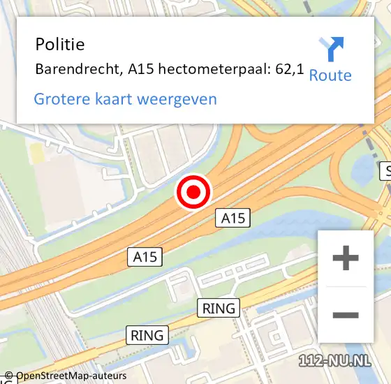 Locatie op kaart van de 112 melding: Politie Barendrecht, A15 hectometerpaal: 62,1 op 22 oktober 2024 19:58