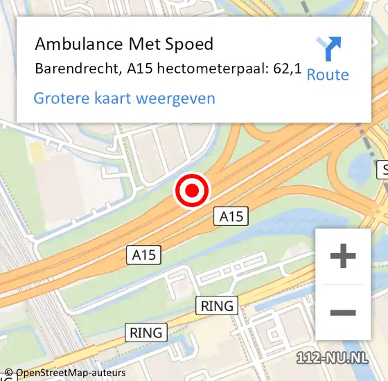 Locatie op kaart van de 112 melding: Ambulance Met Spoed Naar Barendrecht, A15 hectometerpaal: 62,1 op 22 oktober 2024 19:59