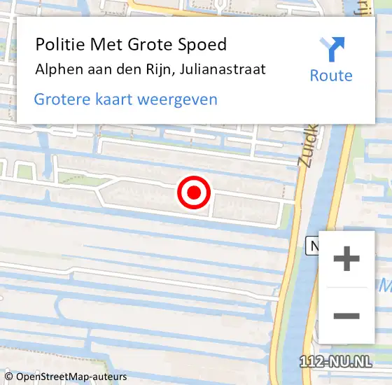 Locatie op kaart van de 112 melding: Politie Met Grote Spoed Naar Alphen aan den Rijn, Julianastraat op 22 oktober 2024 20:43