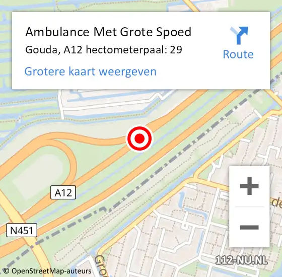 Locatie op kaart van de 112 melding: Ambulance Met Grote Spoed Naar Gouda, A12 hectometerpaal: 29 op 22 oktober 2024 21:43