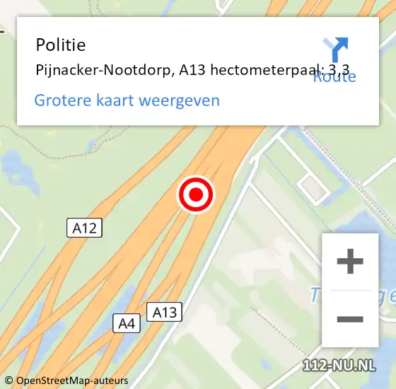 Locatie op kaart van de 112 melding: Politie Pijnacker-Nootdorp, A13 hectometerpaal: 3,3 op 22 oktober 2024 22:01