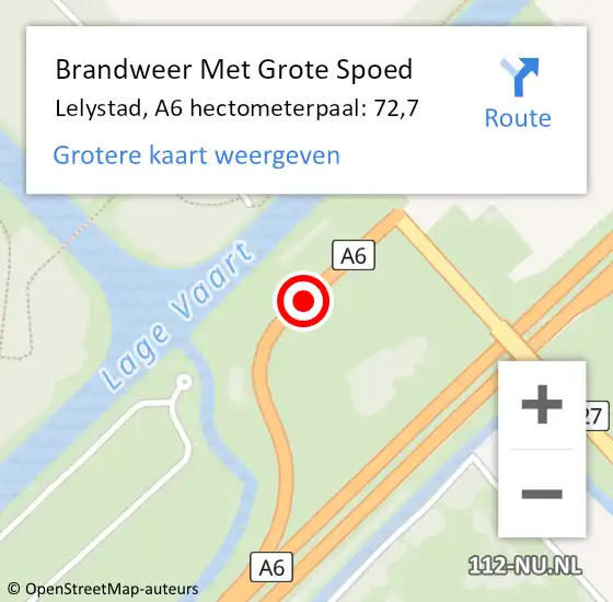 Locatie op kaart van de 112 melding: Brandweer Met Grote Spoed Naar Lelystad, A6 hectometerpaal: 72,7 op 23 oktober 2024 01:50