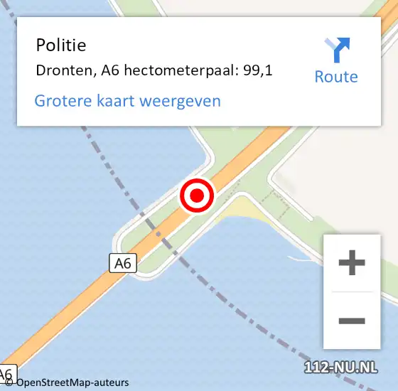 Locatie op kaart van de 112 melding: Politie Dronten, A6 hectometerpaal: 99,1 op 23 oktober 2024 02:14