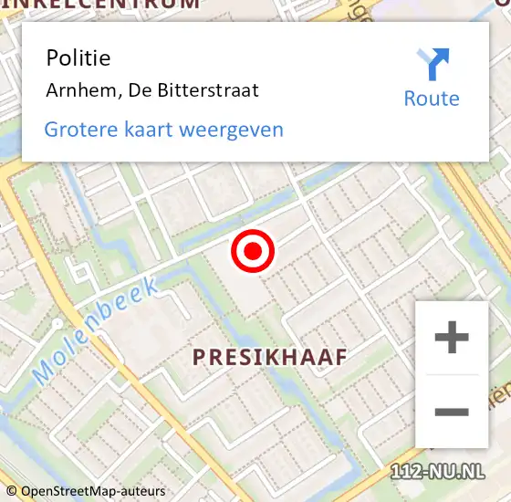 Locatie op kaart van de 112 melding: Politie Arnhem, De Bitterstraat op 23 oktober 2024 02:33