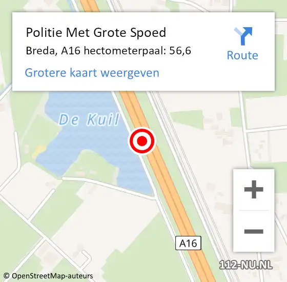 Locatie op kaart van de 112 melding: Politie Met Grote Spoed Naar Breda, A16 hectometerpaal: 56,6 op 23 oktober 2024 05:59