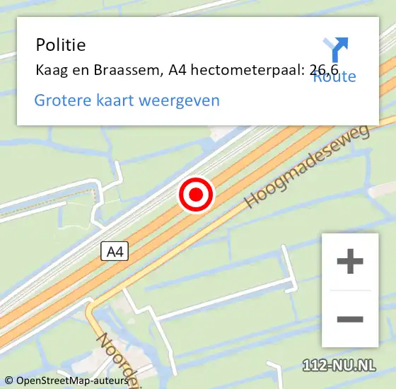 Locatie op kaart van de 112 melding: Politie Kaag en Braassem, A4 hectometerpaal: 26,6 op 23 oktober 2024 07:20