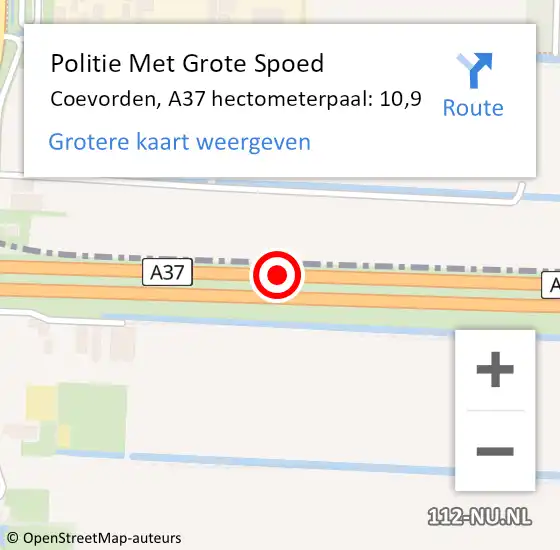 Locatie op kaart van de 112 melding: Politie Met Grote Spoed Naar Coevorden, A37 hectometerpaal: 10,9 op 23 oktober 2024 09:15