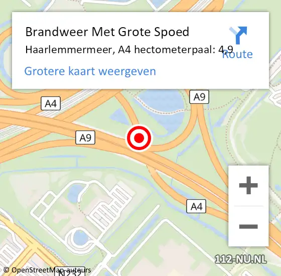 Locatie op kaart van de 112 melding: Brandweer Met Grote Spoed Naar Haarlemmermeer, A4 hectometerpaal: 4,9 op 23 oktober 2024 09:56