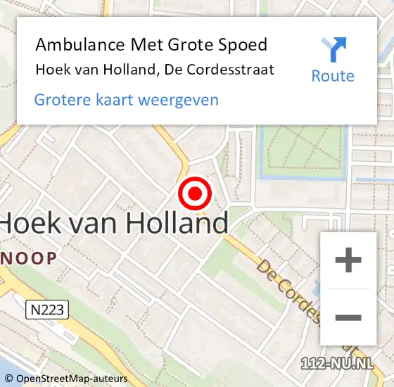 Locatie op kaart van de 112 melding: Ambulance Met Grote Spoed Naar Hoek van Holland, De Cordesstraat op 23 oktober 2024 10:42