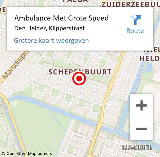 Locatie op kaart van de 112 melding: Ambulance Met Grote Spoed Naar Den Helder, Klipperstraat op 23 oktober 2024 10:58