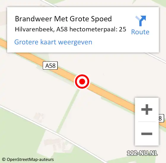 Locatie op kaart van de 112 melding: Brandweer Met Grote Spoed Naar Hilvarenbeek, A58 hectometerpaal: 25 op 23 oktober 2024 11:12