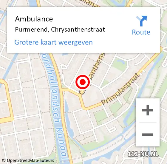 Locatie op kaart van de 112 melding: Ambulance Purmerend, Chrysanthenstraat op 23 oktober 2024 13:57