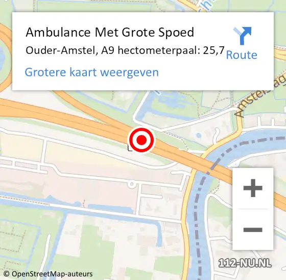 Locatie op kaart van de 112 melding: Ambulance Met Grote Spoed Naar Ouder-Amstel, A9 hectometerpaal: 25,7 op 23 oktober 2024 14:32