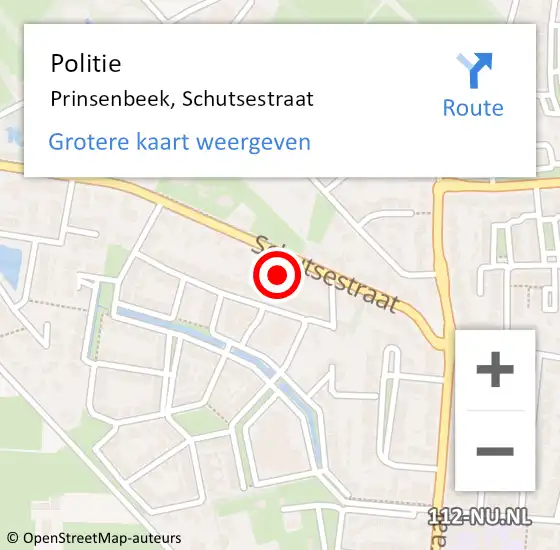 Locatie op kaart van de 112 melding: Politie Prinsenbeek, Schutsestraat op 23 oktober 2024 15:42