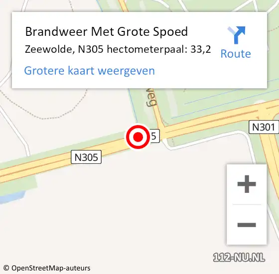 Locatie op kaart van de 112 melding: Brandweer Met Grote Spoed Naar Zeewolde, N305 hectometerpaal: 33,2 op 23 oktober 2024 16:11