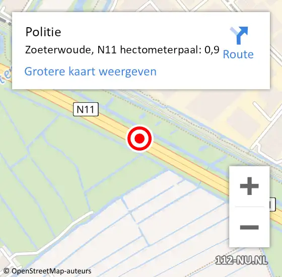 Locatie op kaart van de 112 melding: Politie Zoeterwoude, N11 hectometerpaal: 0,9 op 23 oktober 2024 16:12