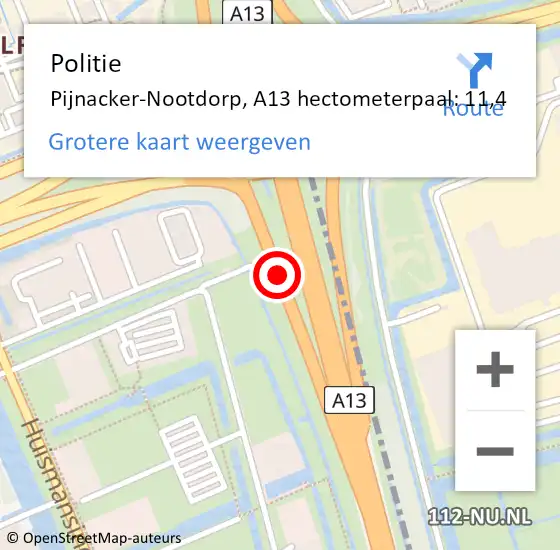 Locatie op kaart van de 112 melding: Politie Pijnacker-Nootdorp, A13 hectometerpaal: 11,4 op 23 oktober 2024 16:14