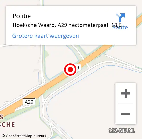 Locatie op kaart van de 112 melding: Politie Hoeksche Waard, A29 hectometerpaal: 18,6 op 23 oktober 2024 16:32