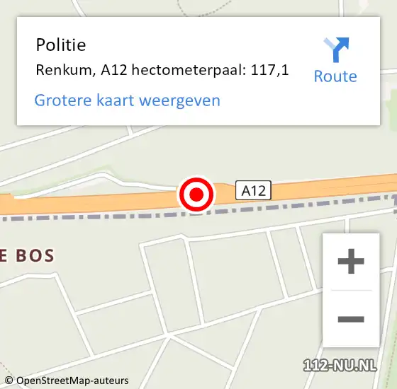 Locatie op kaart van de 112 melding: Politie Renkum, A12 hectometerpaal: 117,1 op 23 oktober 2024 16:35