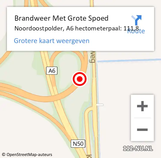 Locatie op kaart van de 112 melding: Brandweer Met Grote Spoed Naar Noordoostpolder, A6 hectometerpaal: 111,8 op 23 oktober 2024 16:36