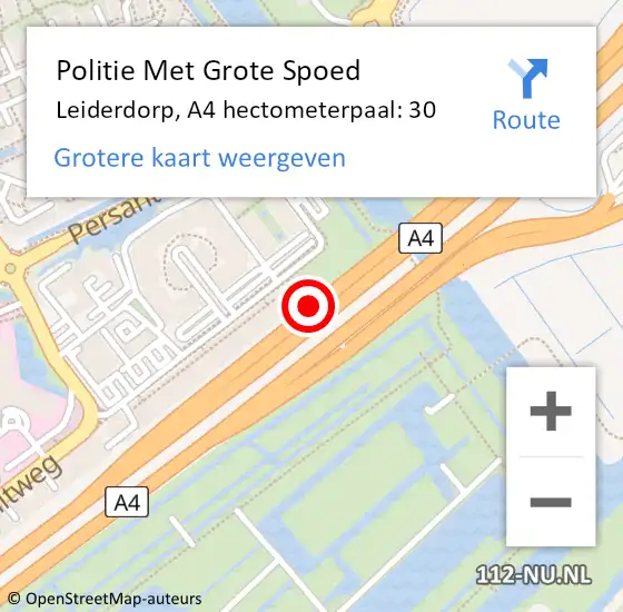 Locatie op kaart van de 112 melding: Politie Met Grote Spoed Naar Leiderdorp, A4 hectometerpaal: 30 op 23 oktober 2024 16:39