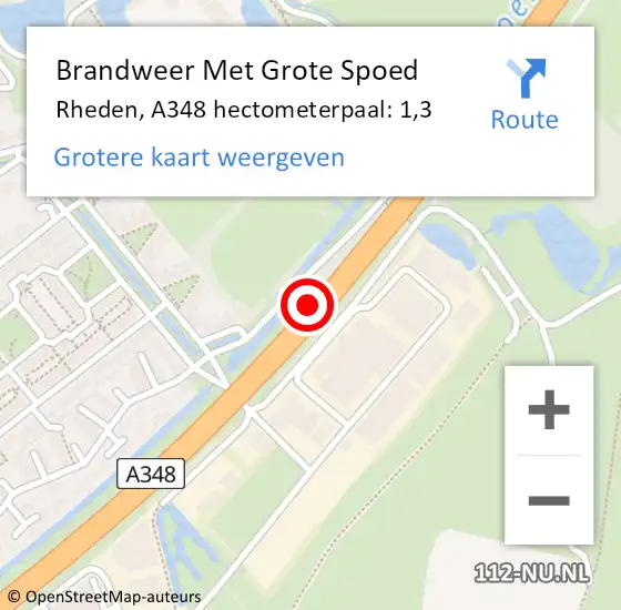 Locatie op kaart van de 112 melding: Brandweer Met Grote Spoed Naar Rheden, A348 hectometerpaal: 1,3 op 23 oktober 2024 18:23