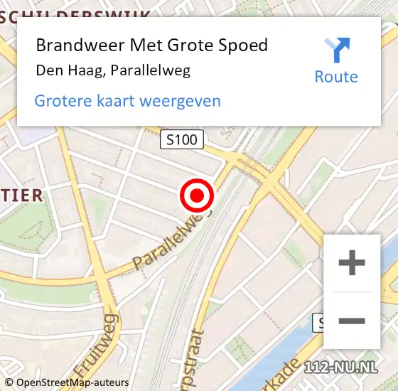 Locatie op kaart van de 112 melding: Brandweer Met Grote Spoed Naar Den Haag, Parallelweg op 23 oktober 2024 18:30