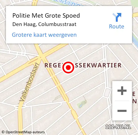 Locatie op kaart van de 112 melding: Politie Met Grote Spoed Naar Den Haag, Columbusstraat op 23 oktober 2024 19:38