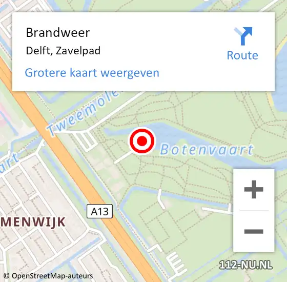 Locatie op kaart van de 112 melding: Brandweer Delft, Zavelpad op 23 oktober 2024 19:56