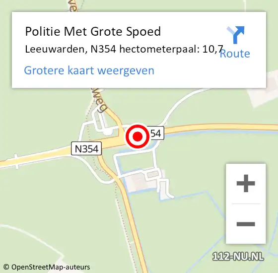 Locatie op kaart van de 112 melding: Politie Met Grote Spoed Naar Leeuwarden, N354 hectometerpaal: 10,7 op 23 oktober 2024 22:52