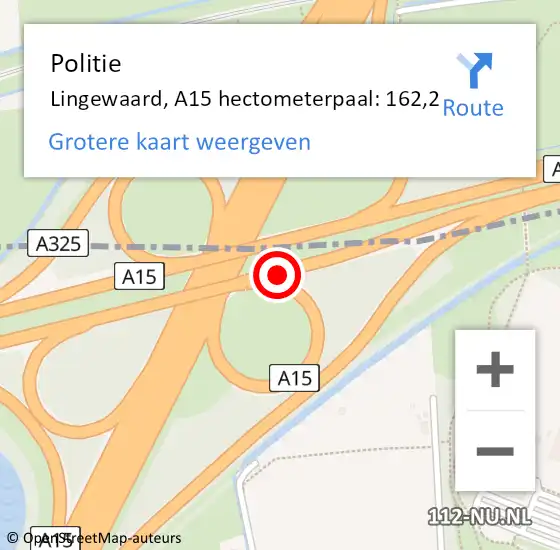 Locatie op kaart van de 112 melding: Politie Lingewaard, A15 hectometerpaal: 162,2 op 23 oktober 2024 23:13