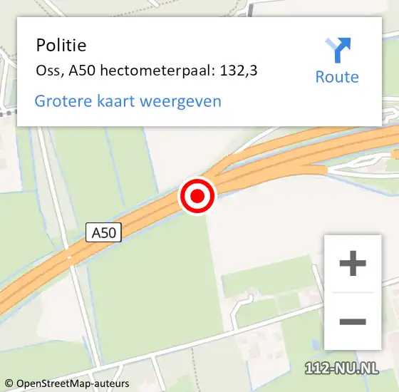 Locatie op kaart van de 112 melding: Politie Oss, A50 hectometerpaal: 132,3 op 23 oktober 2024 23:13