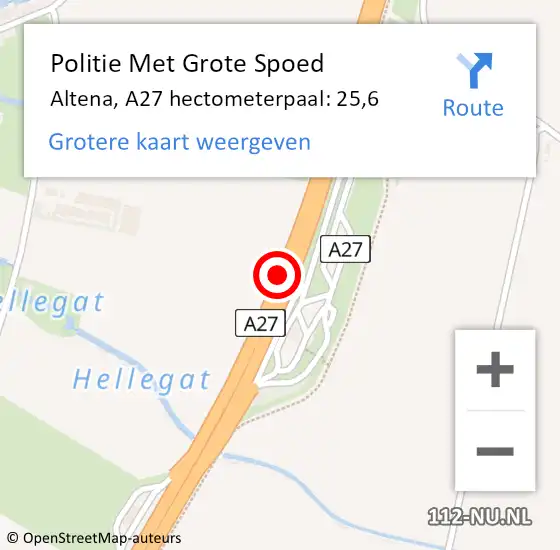 Locatie op kaart van de 112 melding: Politie Met Grote Spoed Naar Altena, A27 hectometerpaal: 25,6 op 23 oktober 2024 23:29