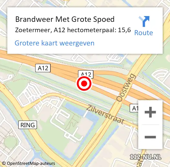 Locatie op kaart van de 112 melding: Brandweer Met Grote Spoed Naar Zoetermeer, A12 hectometerpaal: 15,6 op 23 oktober 2024 23:53