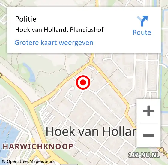 Locatie op kaart van de 112 melding: Politie Hoek van Holland, Planciushof op 23 oktober 2024 23:59