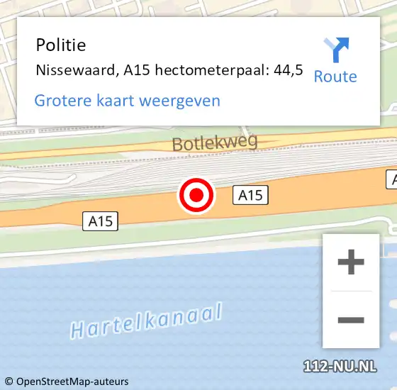 Locatie op kaart van de 112 melding: Politie Nissewaard, A15 hectometerpaal: 44,5 op 24 oktober 2024 07:37