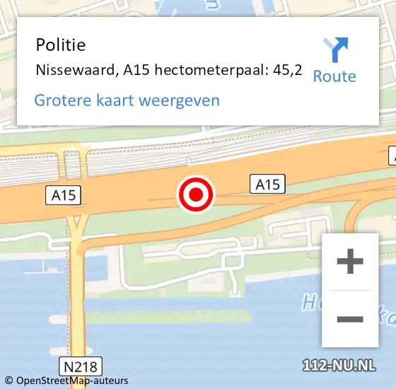 Locatie op kaart van de 112 melding: Politie Nissewaard, A15 hectometerpaal: 45,2 op 24 oktober 2024 07:37