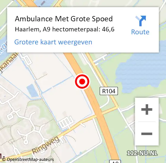 Locatie op kaart van de 112 melding: Ambulance Met Grote Spoed Naar Haarlem, A9 hectometerpaal: 46,6 op 24 oktober 2024 07:57