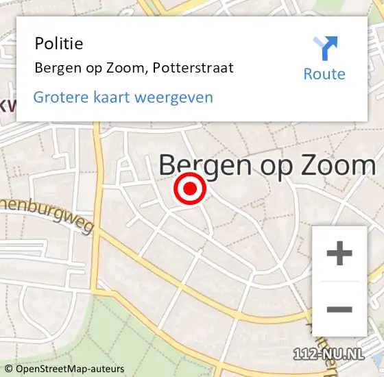 Locatie op kaart van de 112 melding: Politie Bergen op Zoom, Potterstraat op 24 oktober 2024 08:07