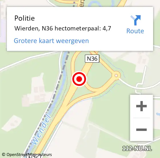 Locatie op kaart van de 112 melding: Politie Wierden, N36 hectometerpaal: 4,7 op 24 oktober 2024 08:26