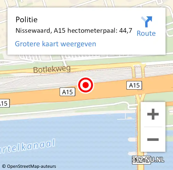 Locatie op kaart van de 112 melding: Politie Nissewaard, A15 hectometerpaal: 44,7 op 24 oktober 2024 09:15