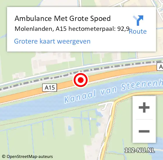 Locatie op kaart van de 112 melding: Ambulance Met Grote Spoed Naar Molenlanden, A15 hectometerpaal: 92,9 op 24 oktober 2024 09:29