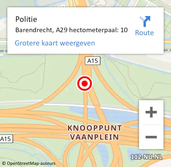 Locatie op kaart van de 112 melding: Politie Barendrecht, A29 hectometerpaal: 10 op 24 oktober 2024 10:41