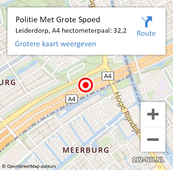 Locatie op kaart van de 112 melding: Politie Met Grote Spoed Naar Leiderdorp, A4 hectometerpaal: 32,2 op 24 oktober 2024 12:55